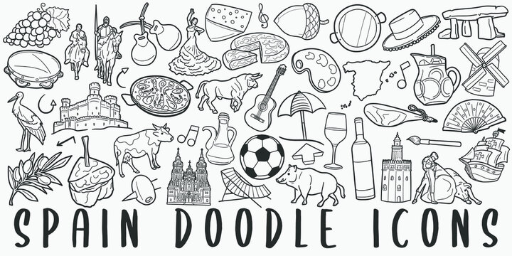 Spain doodle icon set. Spanish Style Vector illustration collection. Banner Hand drawn Line art style.
