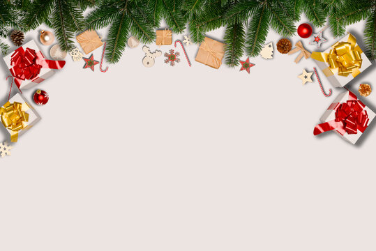 christmas wooden natural decoration ornament wide horizontal banner with copyspace on white background