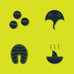 Set Takoyaki, Shark fin soup, Fish steak and Stingray icon. Vector.