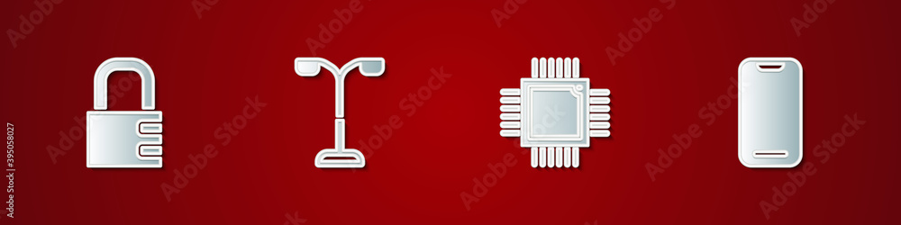 Poster set safe combination lock, street light, processor with microcircuits cpu and smartphone icon. vecto