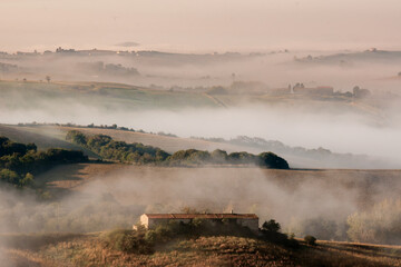 la magia della nebbia e dell'alba fra le colline toscane