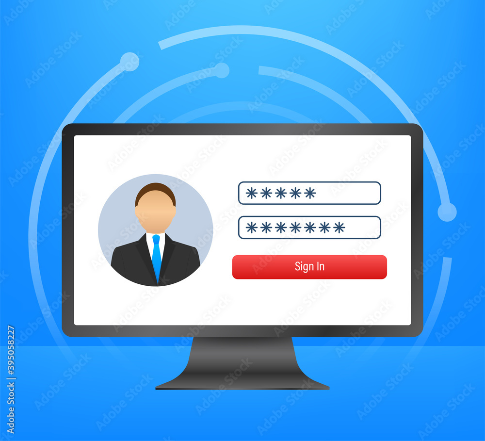 Poster login page on laptop screen. notebook and online login form, sign in page. user profile, access to a
