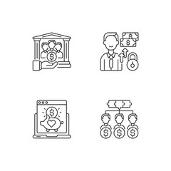 Different money types crowdfunding linear icons set. Funding projects with currency using platforms. Customizable thin line contour symbols. Isolated vector outline illustrations. Editable stroke