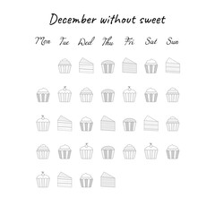 Vector illustration for printable with sweets, cakes and muffins on white background. Planner of tracker without sweets for bullet journal page, daily planner template, blank for notebook. A4 sheet.