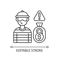 Funding quackery linear icon. Stealing money from people using platforms. Lying about project. Thin line customizable illustration. Contour symbol. Vector isolated outline drawing. Editable stroke