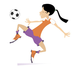 Fototapeta na wymiar Smiling young woman playing football isolated illustration. Cartoon football player woman beats a ball isolated on white 