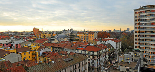 The skyline of Milan at sunrise. Panoramic view of the city of Milan, Italy. Milan cityscape.