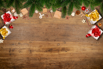 christmas wooden natural decoration ornament wide horizontal banner with copyspace