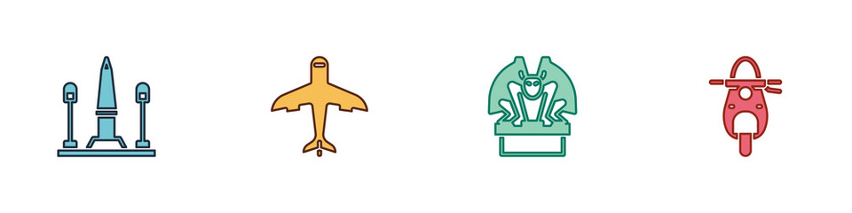 Set Place De La Concorde, Plane, Gargoyle pedestal and Scooter icon. Vector.
