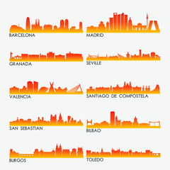 Spain Skyline City Silhouette Design Collection. Vector Illustration Set Clip Art. - obrazy, fototapety, plakaty