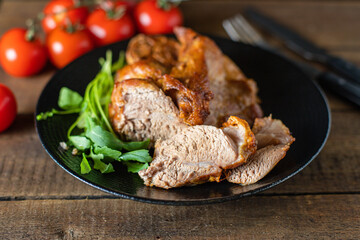 Christmas baked meat festive table treat ready to eat on the table serving healthy meal snack ingredient top view copy space for text food background rustic