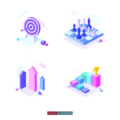 Trendy flat illustration set. Archery target. Chess game. Business growth arrows. Infographic diagram. Career ledder. Template for your design works. Vector graphics.