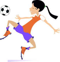 Smiling young woman playing football isolated illustration. Cartoon football player woman beats a ball isolated on white
