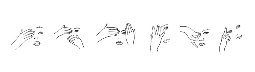 Gestures linear set, hands are closing the eyes and faces, young generation z, hipster girls faces