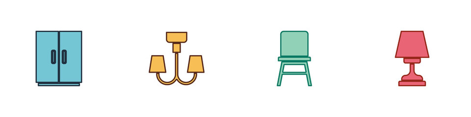 Set Wardrobe, Chandelier, Chair and Table lamp icon. Vector.