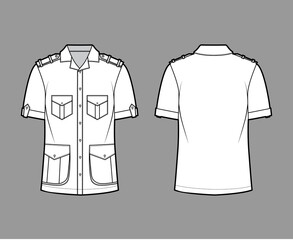 Shirt safari technical fashion illustration with short sleeves, flaps pockets, relax fit, button-down, epaulettes, open collar. Flat template front, back white color. Women men top CAD mockup