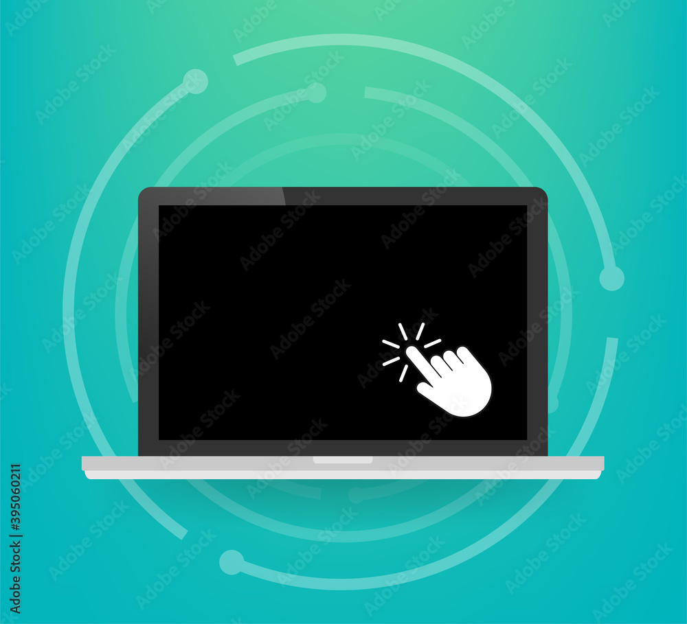 Poster laptop with cursor. computer or search click arrow for website. vector stock illustration.