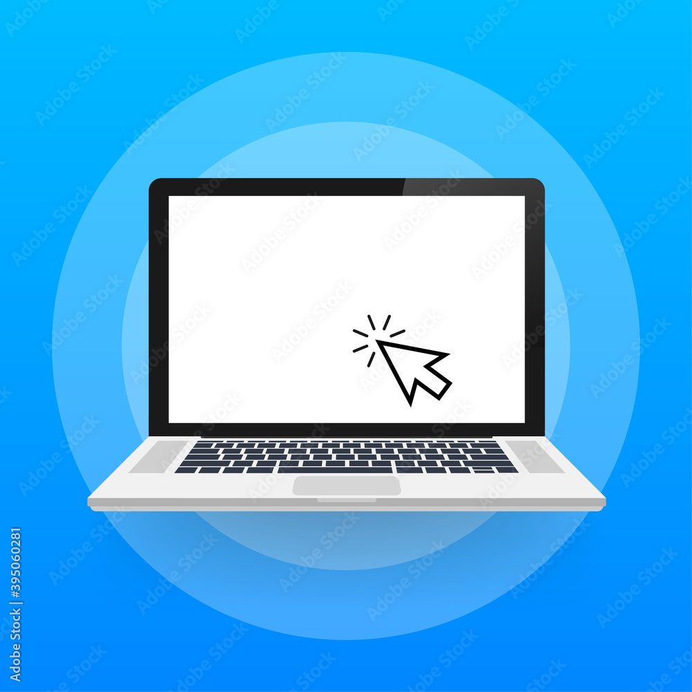 Poster laptop with cursor. computer or search click arrow for website. vector stock illustration.