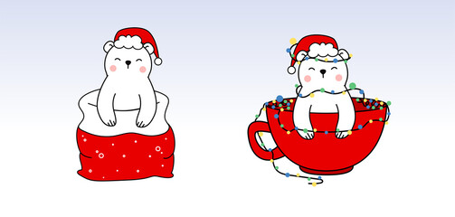 Happy cute little bear in Santa hat sitting in a Cup of coffee with garland and red santa bag. Greeting card for Merry Christmas and happy new year. 2021 year. Little white bear in outline style.