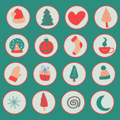 Christmas icons set hat, mittens, tree, snowflake, ball, gloves.