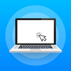 Laptop with cursor. Computer or search click arrow for website. Vector stock illustration.