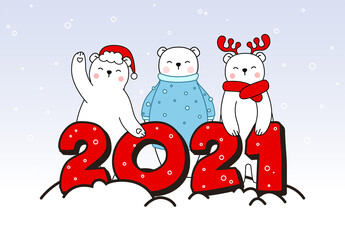 Three Happy cute little bear in Santa hat, deer headband and blue sweater stand near the inscription 2021. Greeting card for Merry Christmas and happy new year. Little white bear in outline style