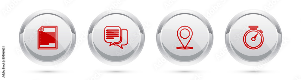 Poster set line document, chat, map pin and stopwatch. silver circle button. vector.