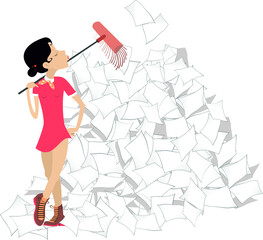 Young woman tidying up the office illustration. Young woman sweeps a big pile of papers or documents using a broom isolated on white
