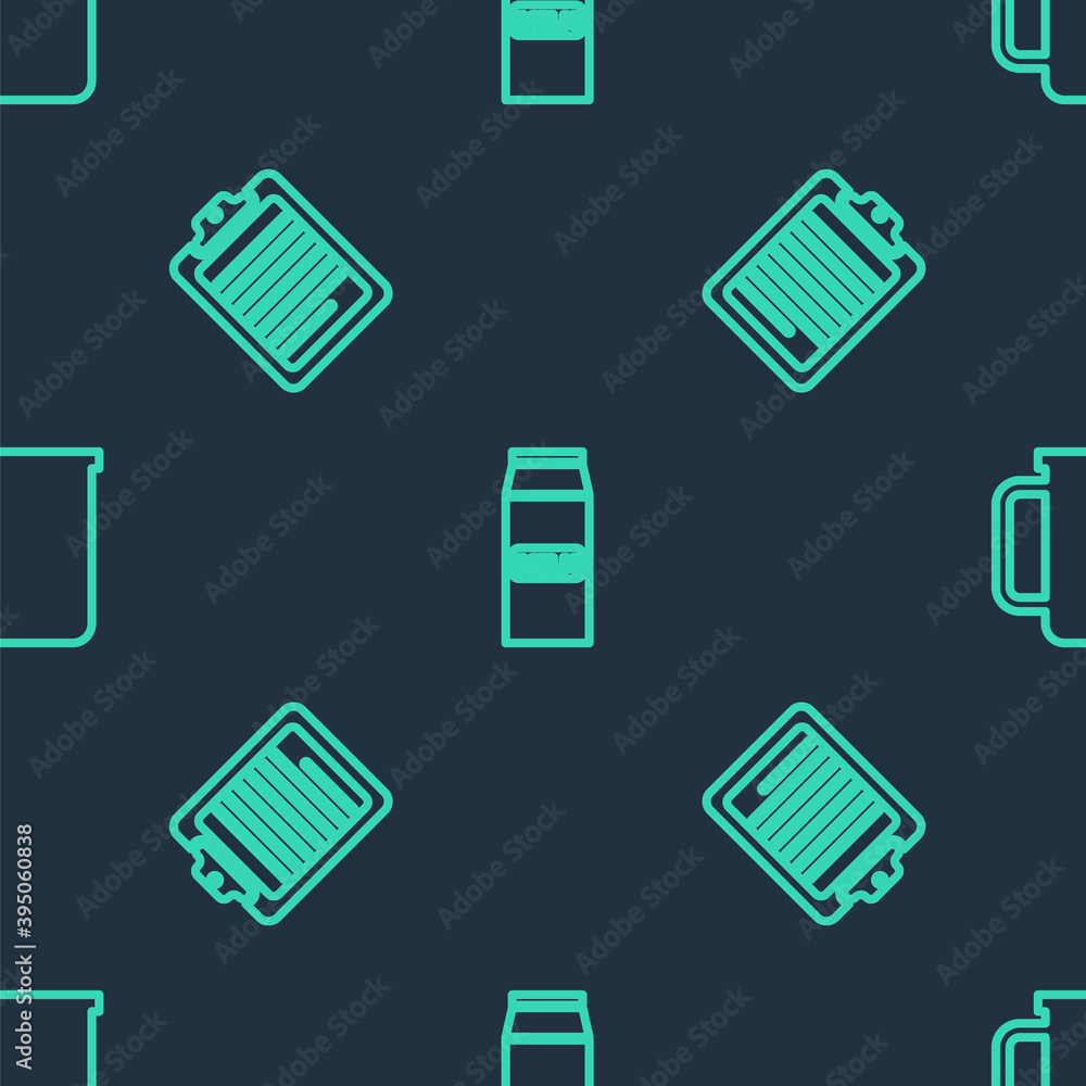 Poster set line paper package for milk, clipboard with document and coffee cup on seamless pattern. vector.