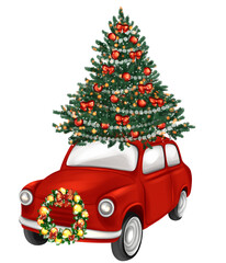 Red retro car with Christmas tree. Hand drawn Christmas greeting card