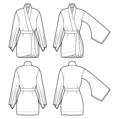 Set of Kimono robe technical fashion illustration with long wide sleeves, belt to cinch the waist, above-the-knee length. Flat blouse template front back white color. Women men unisex CAD shirt mockup