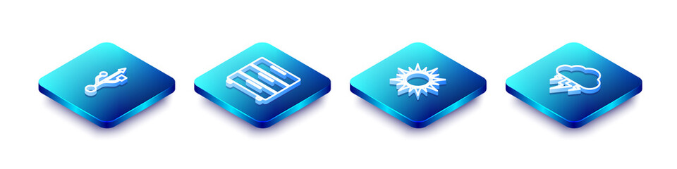 Set Isometric line USB, Furniture nightstand, Sun and Storm icon. Vector.