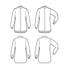 Set of Shirt clergy technical fashion illustration with elbow fold long sleeves, relax fit, concealed button-down, Tab Collar. Flat template front, back white color. Women men unisex top CAD mockup