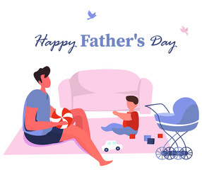 Happy Father's Day.Father with Children Celebrate Father's Day.Happy Family.Dad with His Son Playing at Home.Best Dad in the World.Flat Vector Illustration
