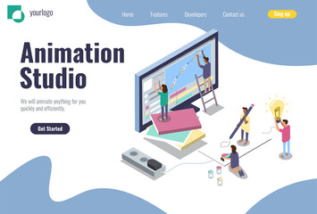 Landing page for animation studio and motion designers. Isometric flat vector illustration for design of an app, homepage website, banner. Animators concept easy to customize