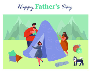 Happy Father's Day.Father with Children Celebrate Father's Day.Happy Family.Dad with Daughters and Son On Picnic.Best Dad in the World.Flat Vector Illustration
