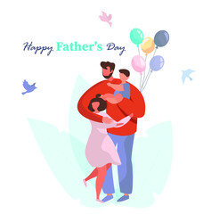 Happy Father's Day.Father with Children Celebrate Father's Day.Happy Family.Dad with His Son and Daughter in His Arms.Best Dad in the World.Flat Vector Illustration