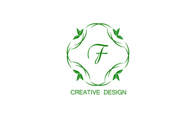 Creative minimalistic floral logo with the letter F on a white background. Exquisite monogram template, invitation, postcard, restaurant, boutique, cafe.