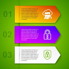 Set line Cloud api interface, Lock, Shield security with lock and Retro wall watch. Business infographic template. Vector.