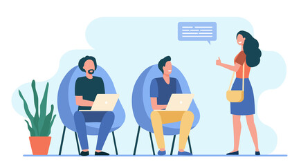Men working at laptop. Woman showing thumb up to them flat vector illustration. Communication, team, coworking concept for banner, website design or landing web page