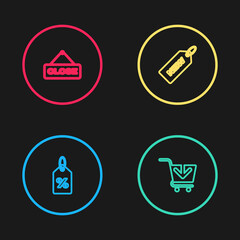 Set line Discount percent tag, Add to Shopping cart, Price with New and Hanging sign Close icon. Vector.