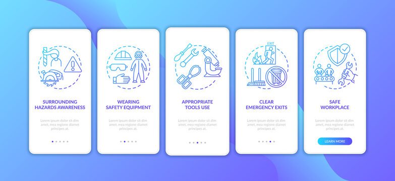 Workplace safety elements onboarding mobile app page screen with concepts. Clear emergency exits walkthrough 5 steps graphic instructions. UI vector template with RGB color illustrations