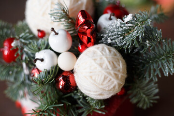 christmas tree and decorations on the table. Nobilis spruce	 