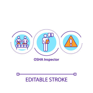 OSHA Inspector Concept Icon. Safety And Health Officers Idea Thin Line Illustration. Identifying Unsafe Working Conditions. Vector Isolated Outline RGB Color Drawing. Editable Stroke