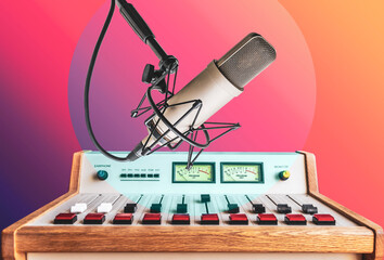 background with professional microphone and sound mixer