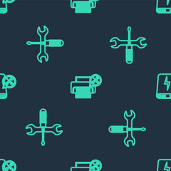 Set line Printer service, Crossed screwdriver and wrench and Power bank on seamless pattern. Vector.