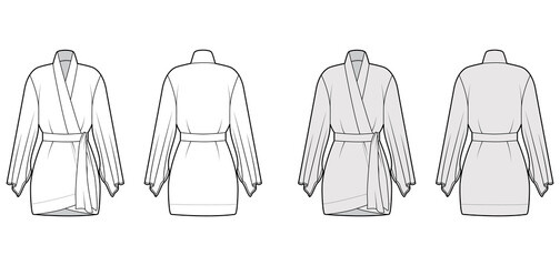 Kimono robe technical fashion illustration with long wide sleeves, belt to cinch the waist, above-the-knee length. Flat apparel blouse template front, back white grey color. Women men CAD shirt mockup