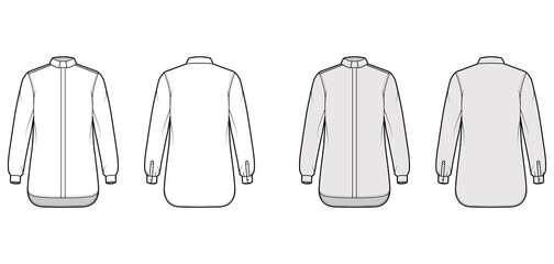 Shirt clergy technical fashion illustration with long sleeves with cuff, relax fit, concealed button-down, Tab Collar. Flat template front, back white grey color. Women men unisex top CAD mockup