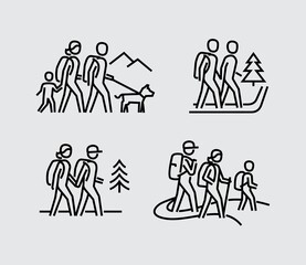 Hiking Couple Family Vector Line People Icons