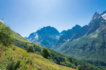 Close-up of mountain ranges, valley in the mountains, top view.